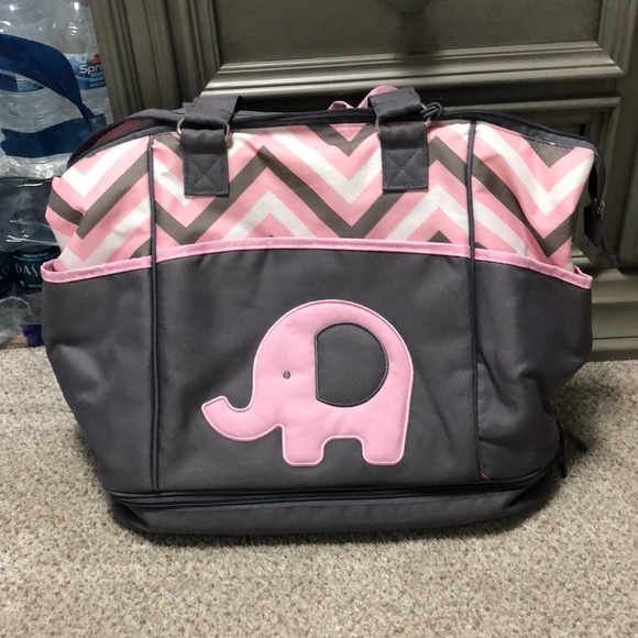 pink and grey elephant diaper bag